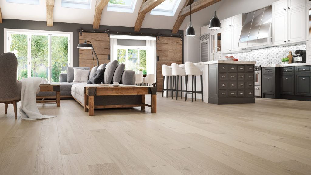 Beautiful hardwood floors in open concept kitchen