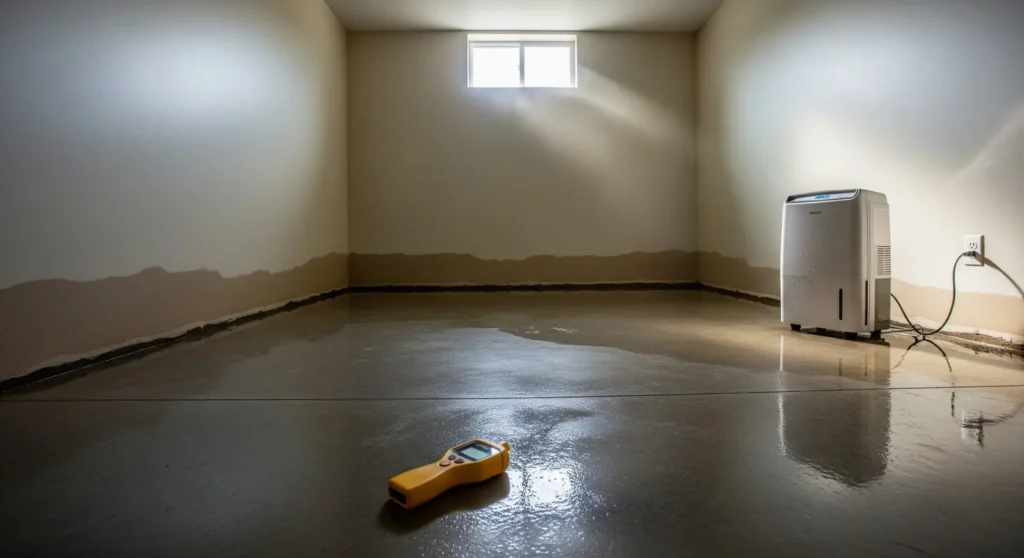 Water-damaged Calgary basement with dehumidifier running and moisture meter on concrete floor after flooding