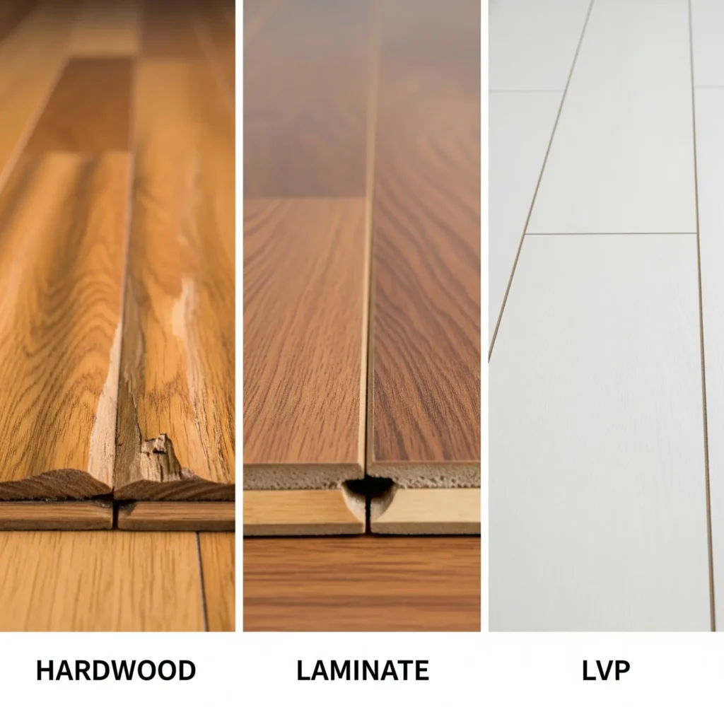Side-by-side comparison showing cupped hardwood planks with raised edges, swollen laminate with open seams, and undamaged LVP planks after flood exposure