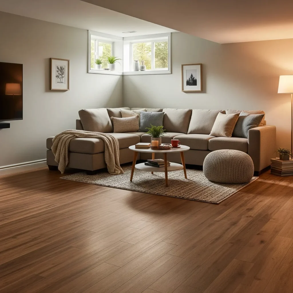Finished Calgary basement with COREtec LVP flooring, sectional sofa, and natural light from window well — post-flood restoration example