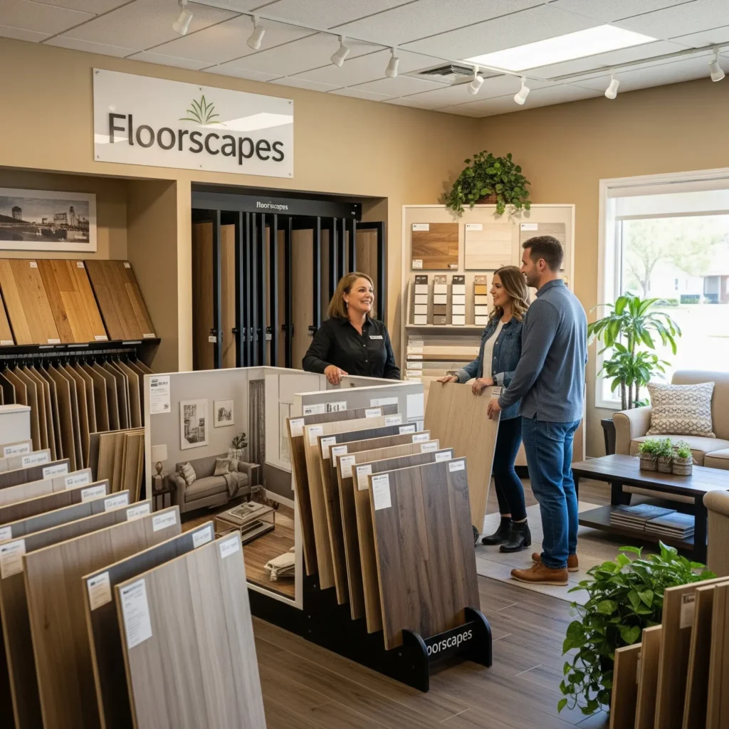 Floorscapes flooring showroom at 525 58 Avenue SE Calgary with flooring samples and welcoming interior